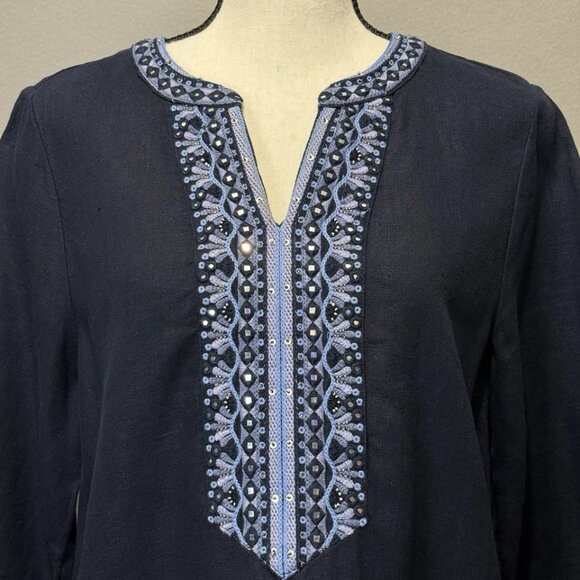 Chicos Dress Womens Sz 0 (4) Navy Blue 100% Linen Shift Sequin Bead Embroidered - Picture 5 of 9